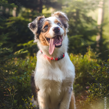 Candid portrait of an Australian Shepherd resting in a forest stand, watching with a realistic smile and joy on his master's face